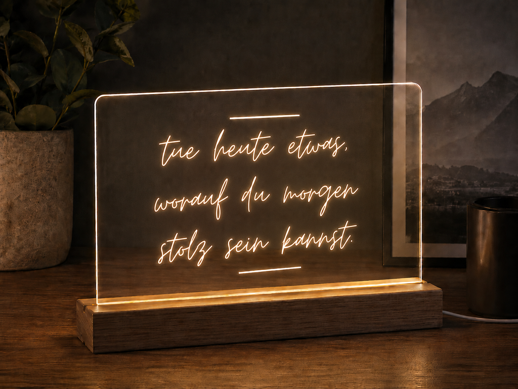 LED Acrylschild "Tu heute was, worauf du morgen stolz sein kannst" – Motivations-Deko